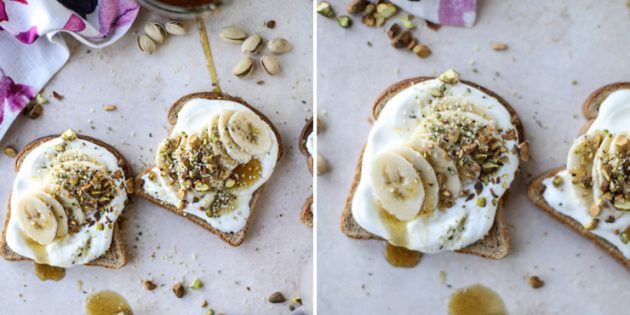 Что приготовить на завтрак: тост с творожным сыром, бананом и фисташками