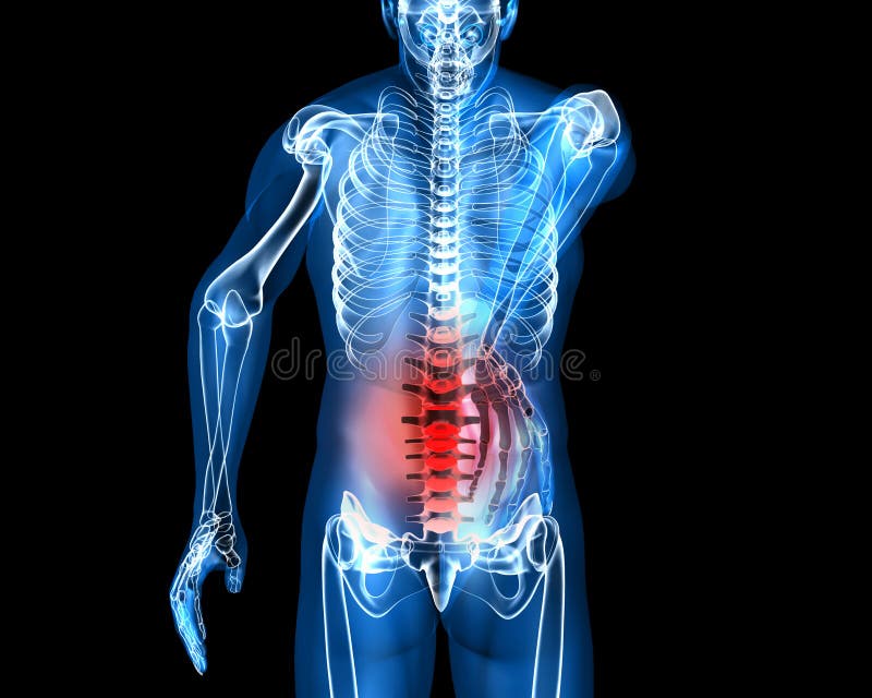 Back pain. Man suffering badly of back pain, 3D generated royalty free illustration