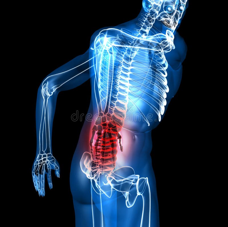 Back pain. Man suffering badly of back pain, 3D generated stock illustration