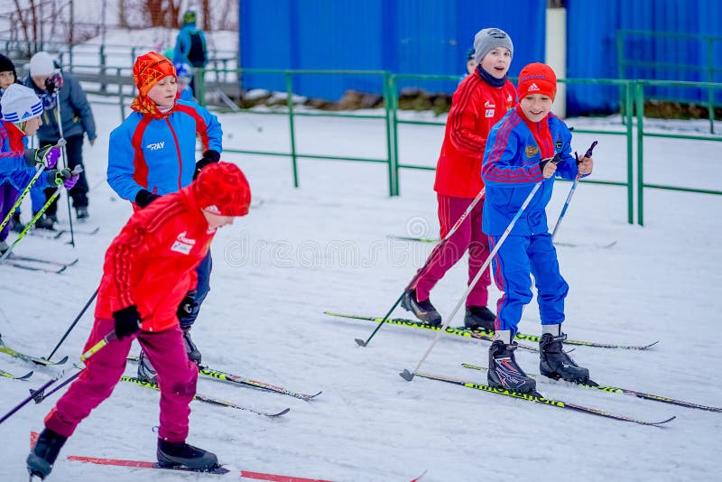 Boys and girls are ski training in Moscow - stock photo -January 2020: royalty free stock image