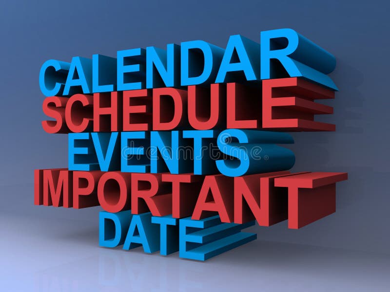 Calendar. 3D block letters spelling calendar, schedule, events, important and date in blue and red on purple background vector illustration