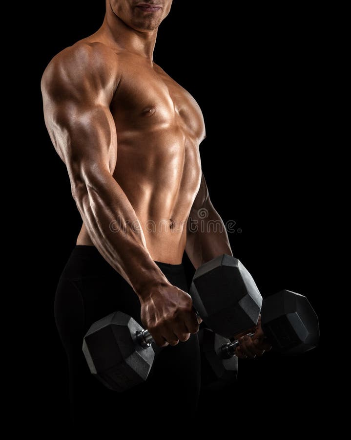 Close-up of athletic man pumping up muscles with dumbbell royalty free stock image