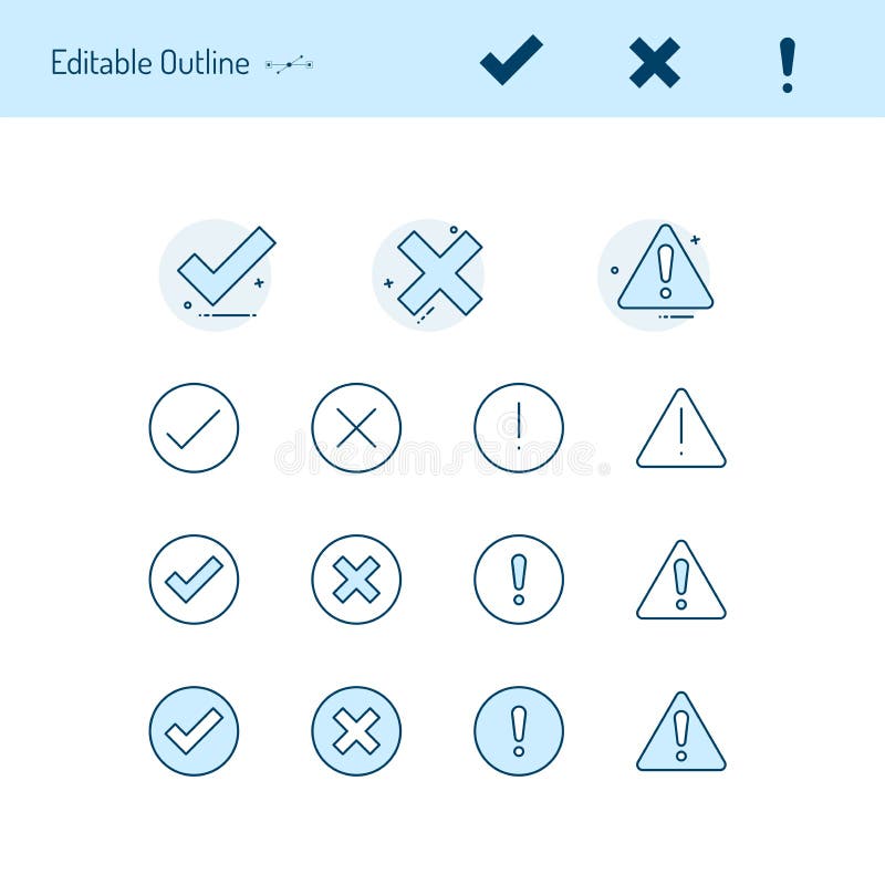 Correct incorrect thin line icons, Caution icon, right wrong icon, accept reject, tick, cross, close, positive negative vector illustration