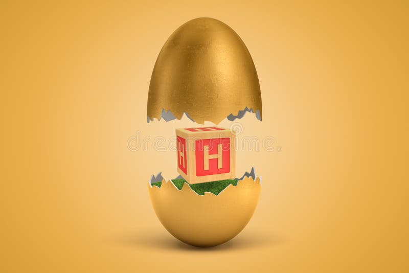 3d rendering of gold egg cracked in two, upper half levitating in air, lower on ground, with small wooden ABC block with. Letter H on sides between two halves royalty free illustration