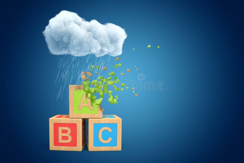 3d rendering of three ABC blocks standing under white raining cloud on blue copyspace background, upper block dissolving. In pieces. Educational issues. Early royalty free illustration