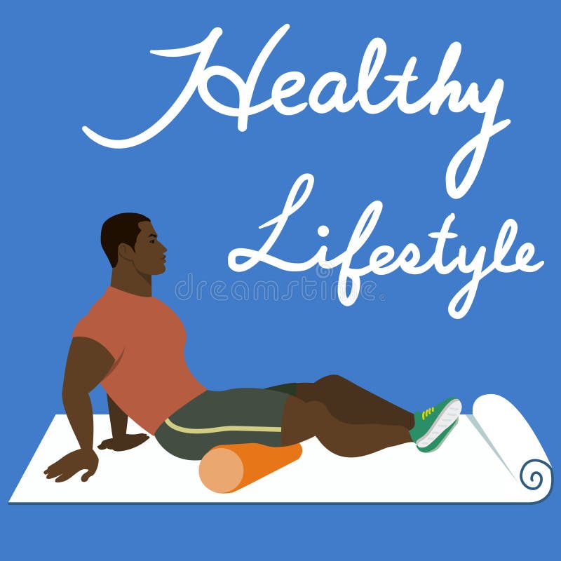 Foam Roller Exercises. Strong, muscle.men. People in gym using support roller stock illustration. Foam roller exercise explanation and execution with a trainer vector illustration