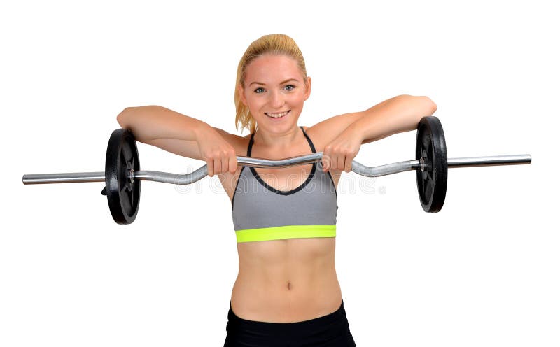 Girl exercise shoulder muscles with dumbbell. On white background stock images