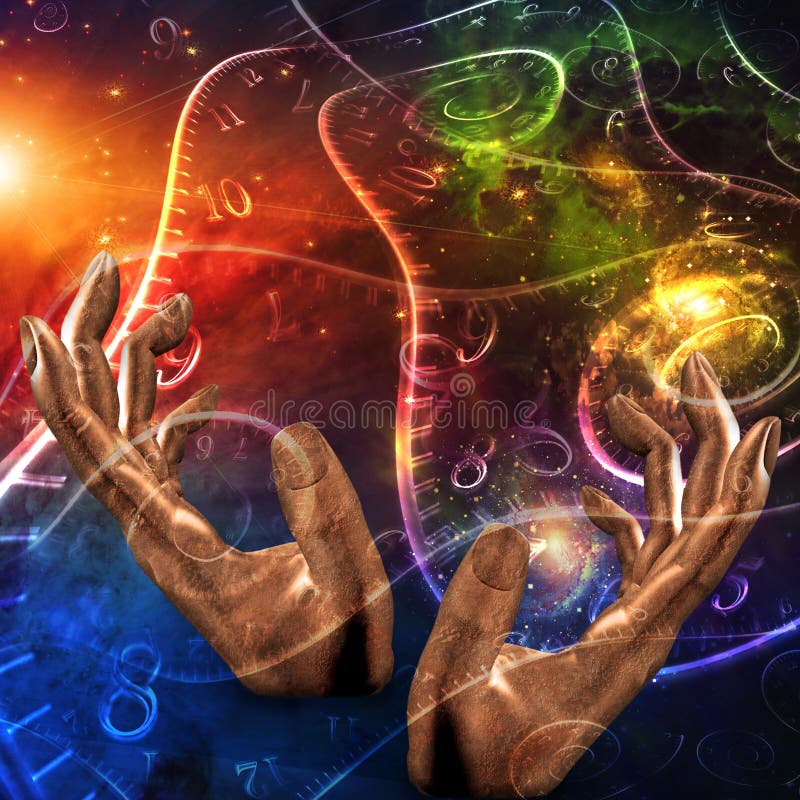 Physics. Hands manipulate space time and matter. Physics. Surreal art. Human elements were created with 3D software and are not from any actual human likenesses stock illustration