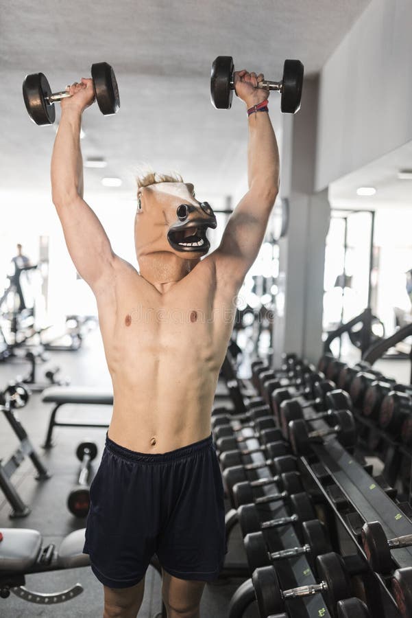 Horse face man training shoulder exercises in gym. With effort stock photography