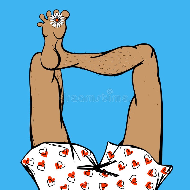 Man in shorts with hearts with flower between toes. Vector illustration on the theme of summer and rest royalty free illustration