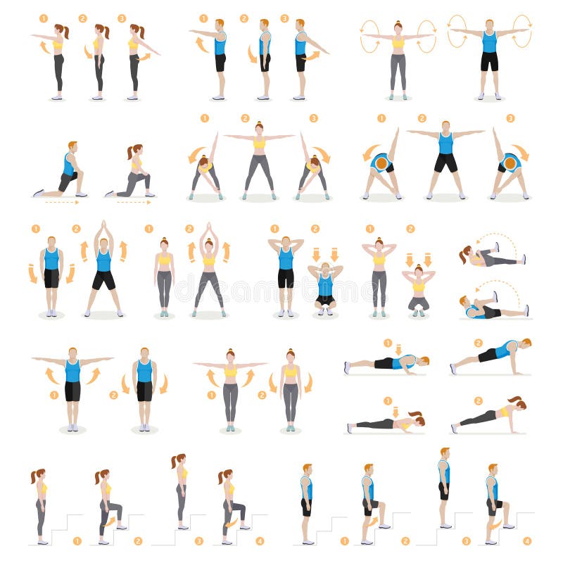 Man and woman workout fitness, aerobic, exercises. vector illustration