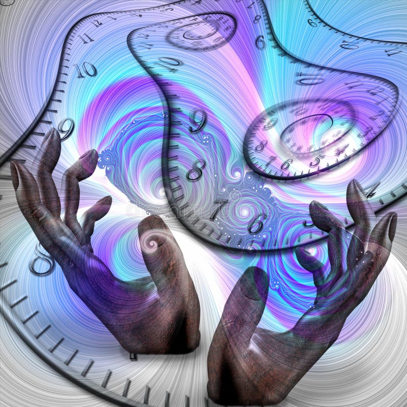 Manipulation of time. Human hands and time spirals. Human elements were created with 3D software and are not from any actual human likenesses vector illustration