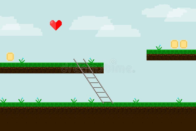 Pixel art game background with ground, grass, sky and clouds. Game. Background in the game pixel style. Tracks with grass coins and a heart of pixels. a ladder stock illustration