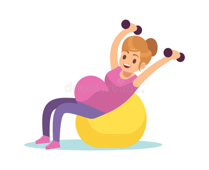 Pregnant woman doing exercises. Female fitness with fitball and dumbbell, health care and sport during pregnancy concept royalty free illustration