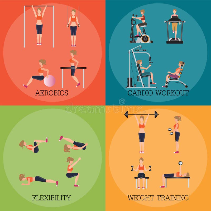 Set of fitness aerobic strength and body shaping exercises. Set of fitness aerobic strength and body shaping exercises, sport banner vector illustration royalty free illustration