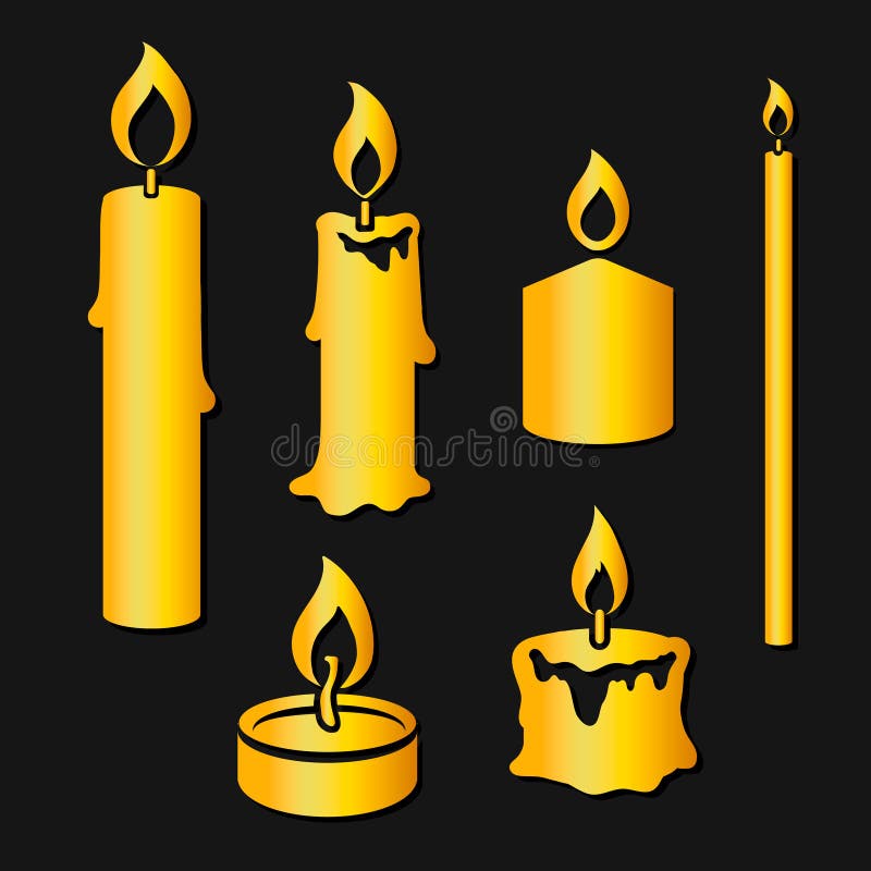Set of gold silhouette burning candles. On black stock illustration