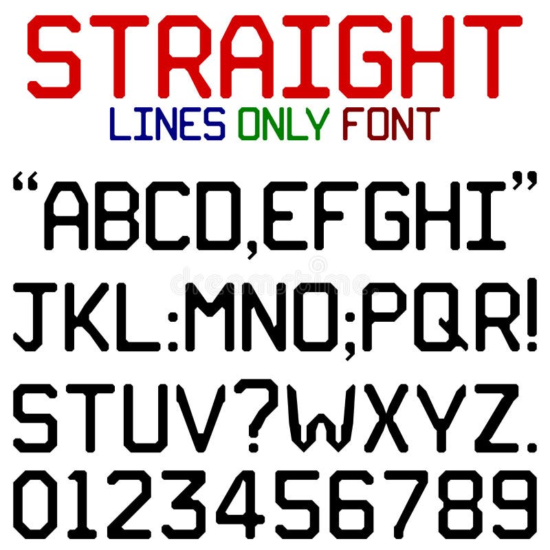 Straight Lines Font. Upper case alphabets, numerals and punctuation characters in chunky black retro font using straight lines only. No curved lines or corners stock illustration