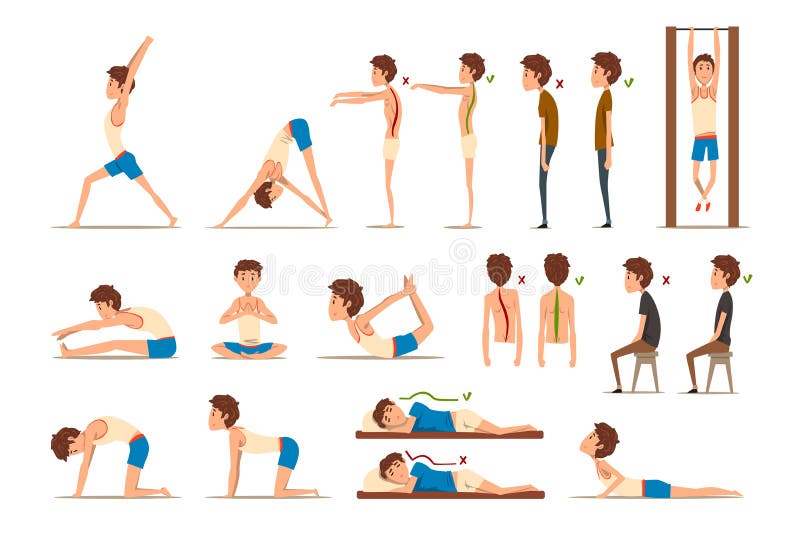 Teen boy doing exercises set, correct and wrong spine posture, rehabilitation exercise for back pain and improving stock illustration