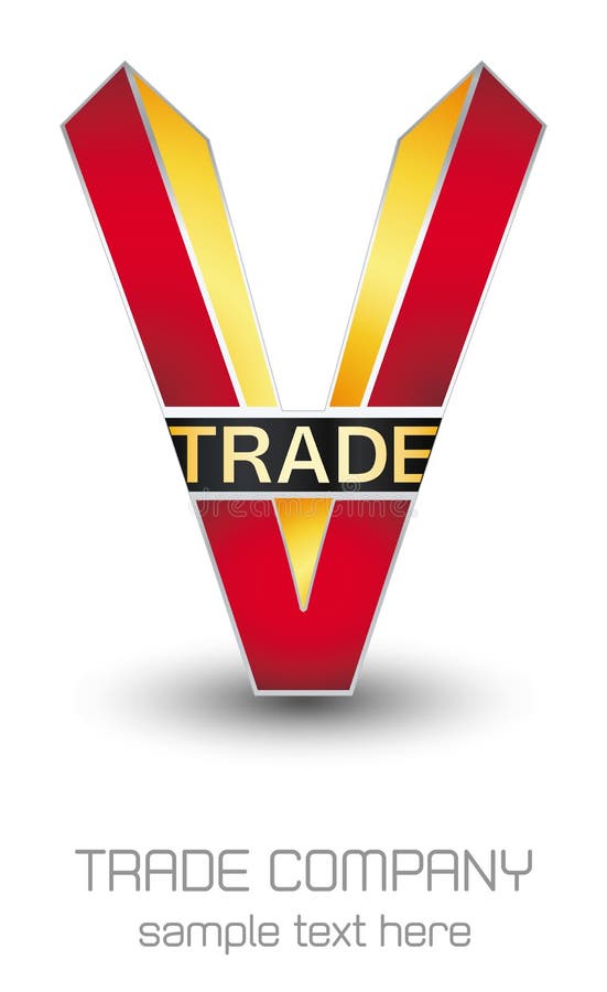 V Trade Company logo. Red and yellow upper case V with graphic trade on white stock illustration