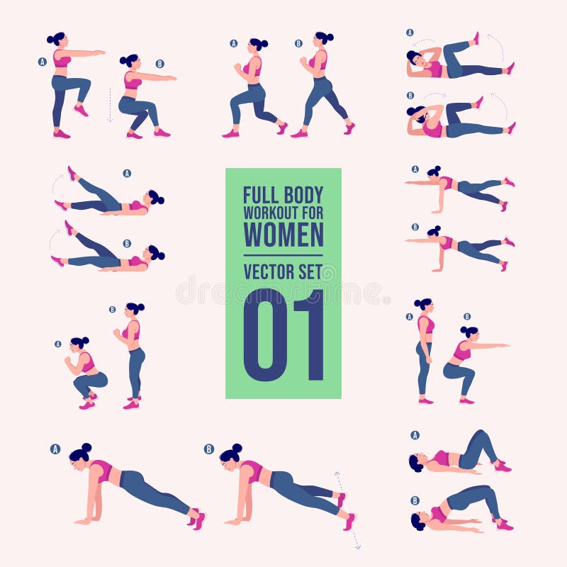 Woman full body workout fitness, aerobic and exercises set. Vector Illustration. Young Woman full body workout fitness, aerobic and exercises set. Vector stock illustration