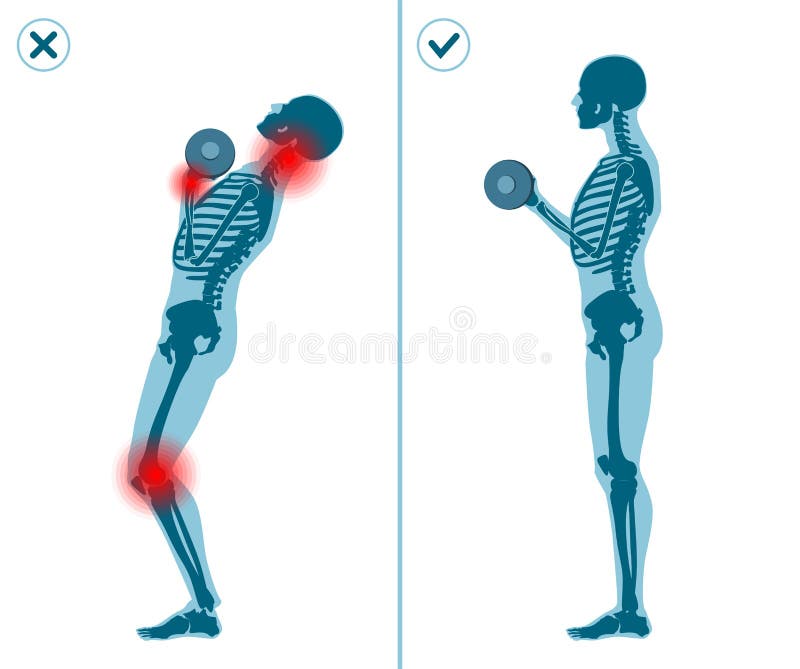 Wrong and correct standing barbell press start position. Right execution technique of sport gymnastics. Wrong and correct standing barbell press start position vector illustration