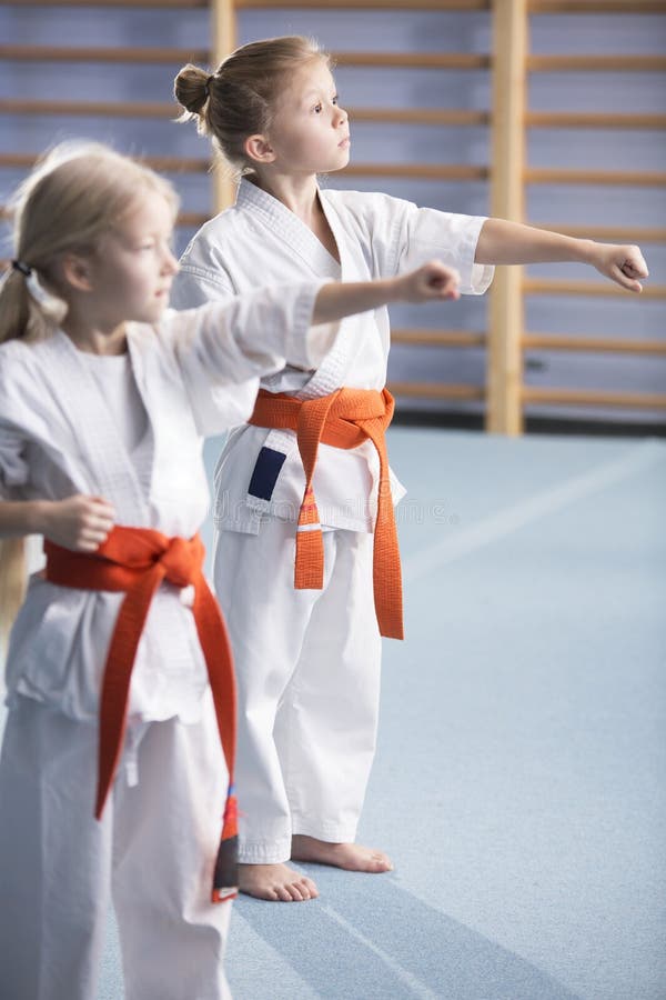 Young girls training karate moves stock photo