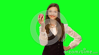 Woman choosing to eat burger instead of apple Selects apple and eat it. Woman choosing to eat burger instead of apple Green screen keying in a single click stock video